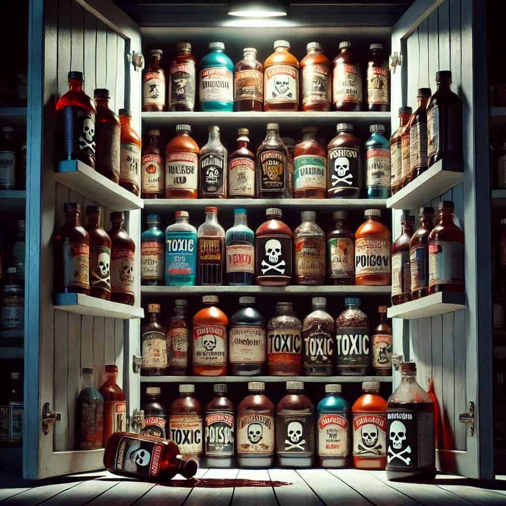 A cabinet filled with various vintage bottles labeled as poisons and toxic substances. One bottle on the floor is tipped over, spilling a red liquid.