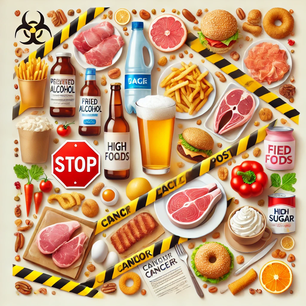 Collage of unhealthy foods and drinks, including fried items, sugary snacks, processed meats, and alcohol, surrounded by caution tape and warning symbols.