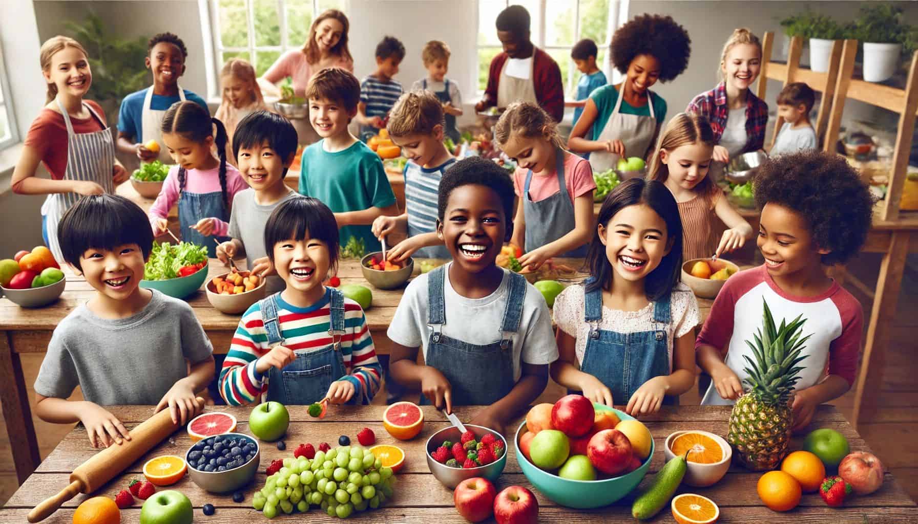 A group of children and adults smile while preparing various fruits and vegetables in a bright kitchen.