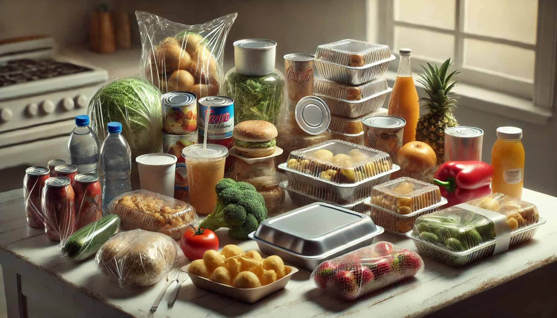 A kitchen counter displays various packaged food items, including canned goods, vegetables, beverages, and plastic containers of prepared dishes. A stove is visible in the background.